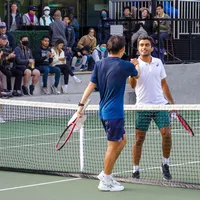 The mens' singles champion and finalist shake hands over the net
